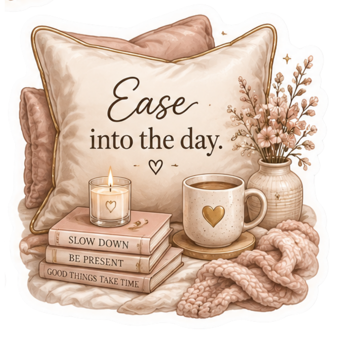A cozy beige and blush-toned still life arrangement featuring a large decorative pillow with the phrase “Ease into the day.” and gold trim, surrounded by stacked books, a lit candle, a mug with a gold heart, a vase of dried flowers, and a chunky knit blanket on a white background.