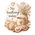 A cozy illustrated scene with the text 'No rushing today.' surrounded by a warm-toned mug with a gold heart, a lit candle in a glass holder with a heart cutout, a closed sleep mask, and dried flowers in a vase on a soft cream background.