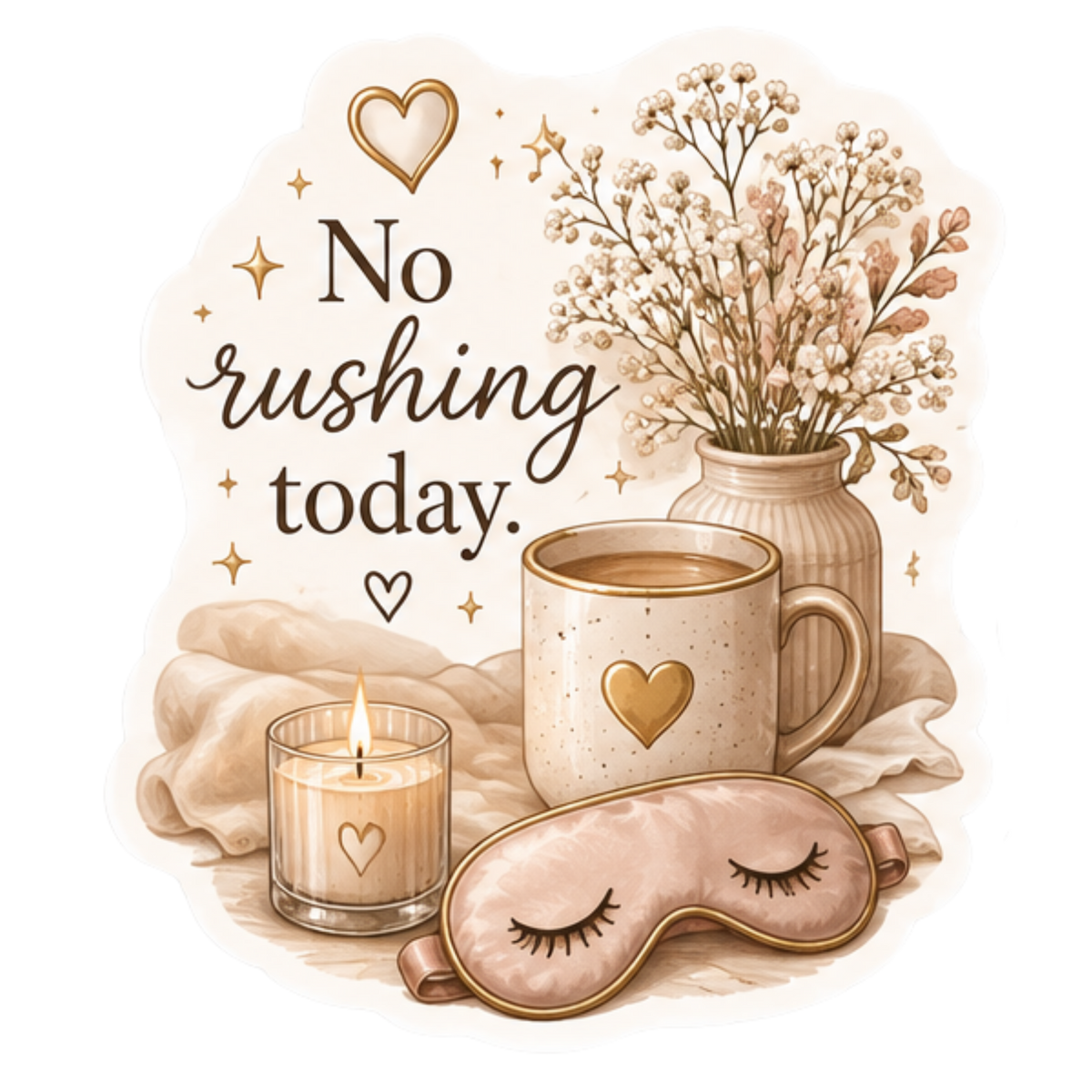 A cozy illustrated scene with the text 'No rushing today.' surrounded by a warm-toned mug with a gold heart, a lit candle in a glass holder with a heart cutout, a closed sleep mask, and dried flowers in a vase on a soft cream background.