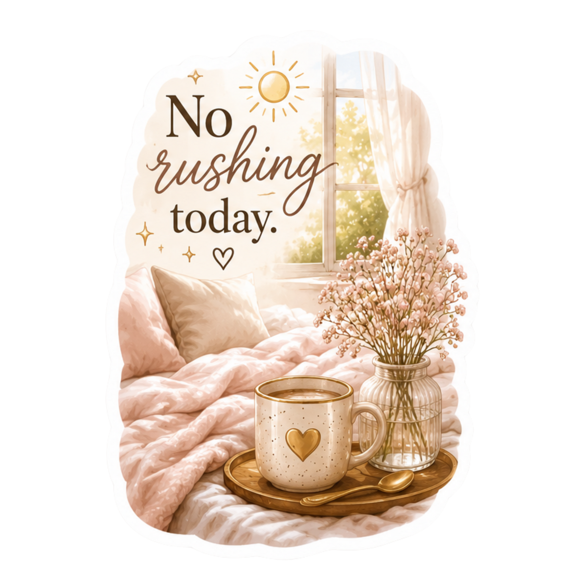 A decorative graphic with the phrase 'No rushing today.' above a cozy bedroom scene.